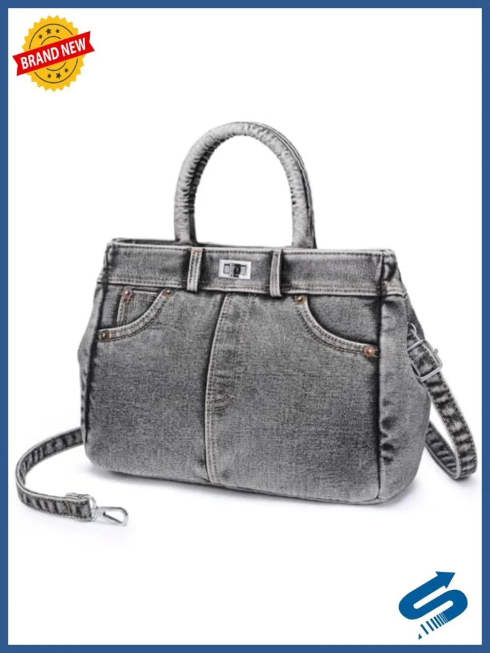 Denim Satchel Crossbody Bag with Turn-Lock, Adjustable Strap, 7 Pockets, Top
